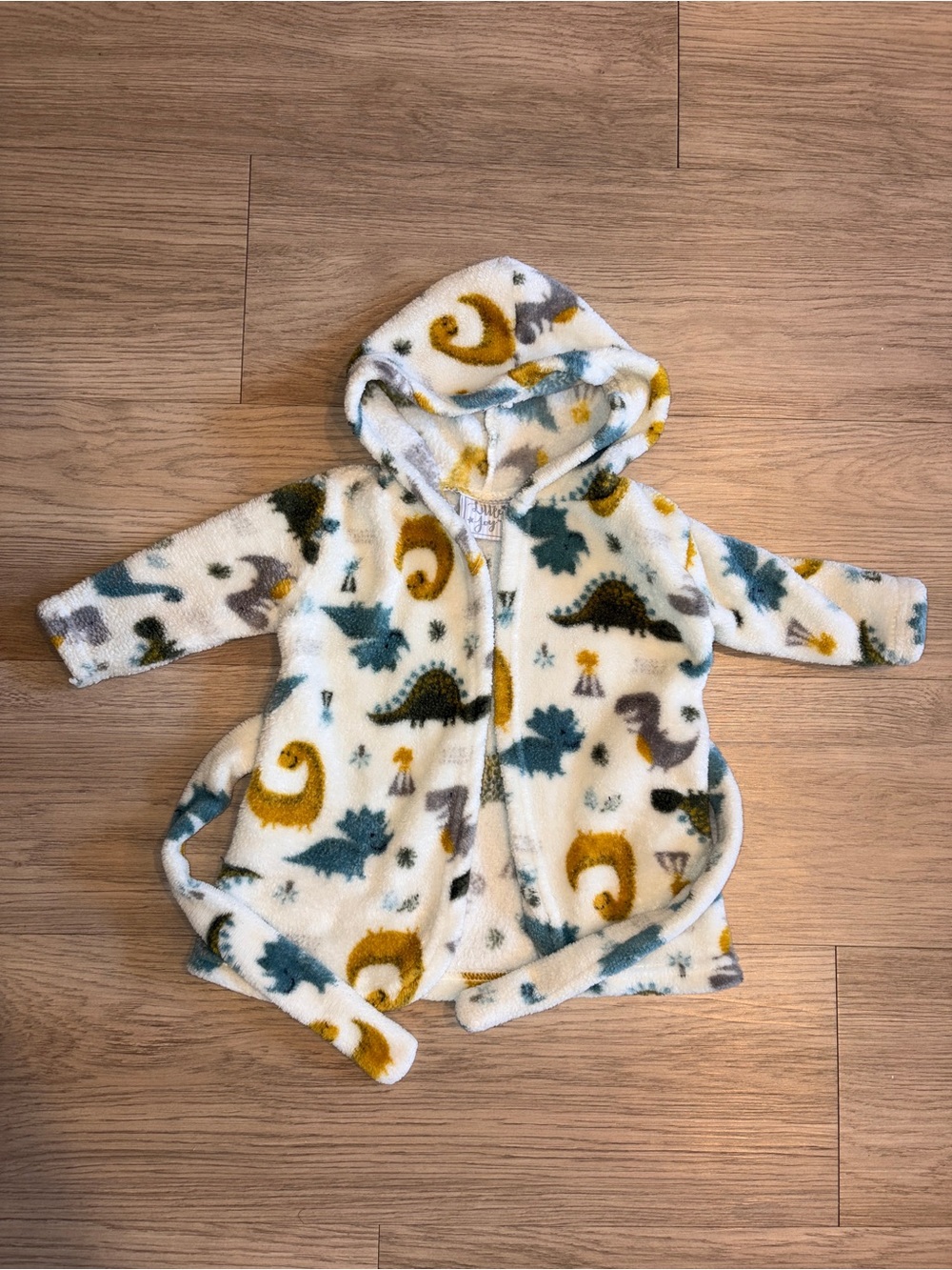 Little Joy Cozy Baby Hooded Fleece Robe with Dino Print - White/Mustard/Teal